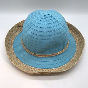 Sun 'n' Sand Headwear Women's OSFM Packable Teal Blue Textile & Straw Beach Hat